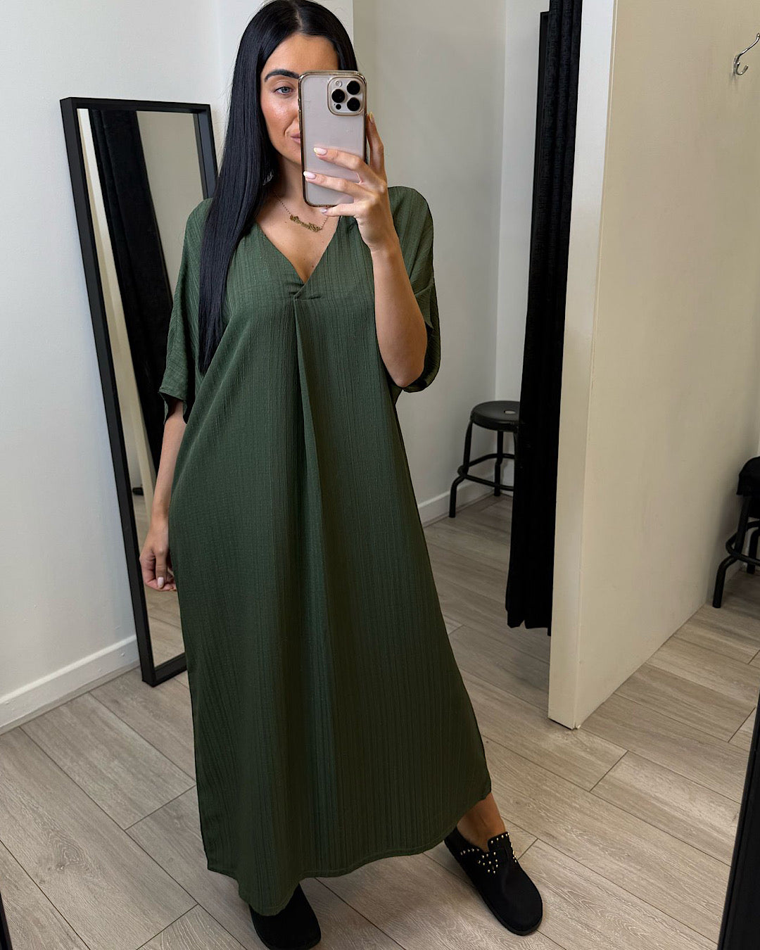 Khaki Oversized V Neck Maxi Dress