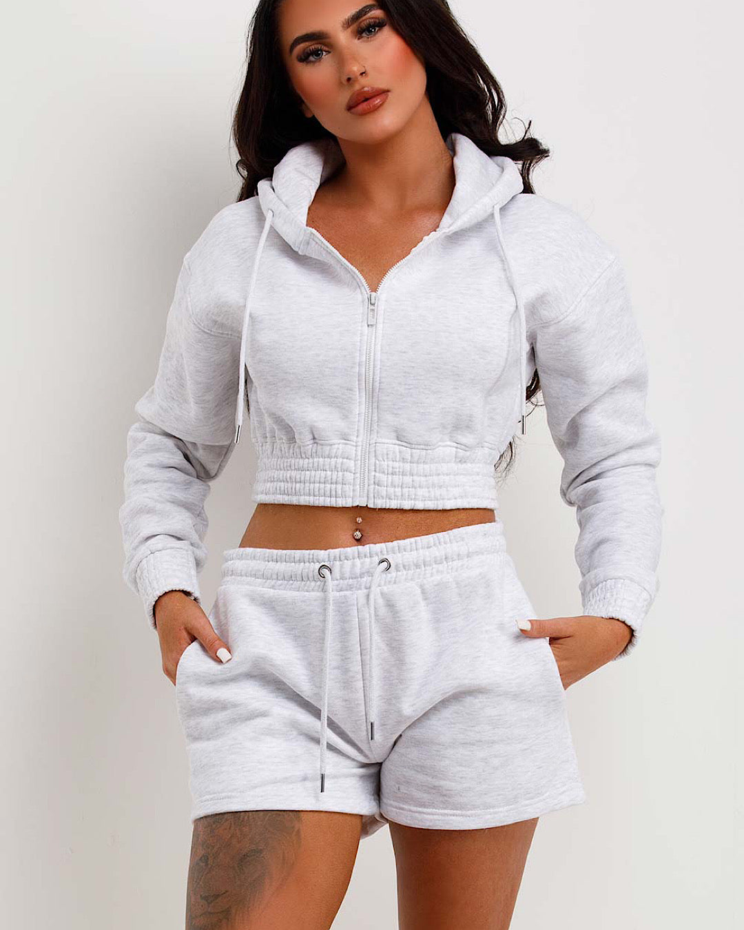 Grey Cropped Zip Hoody and Shorts Suit
