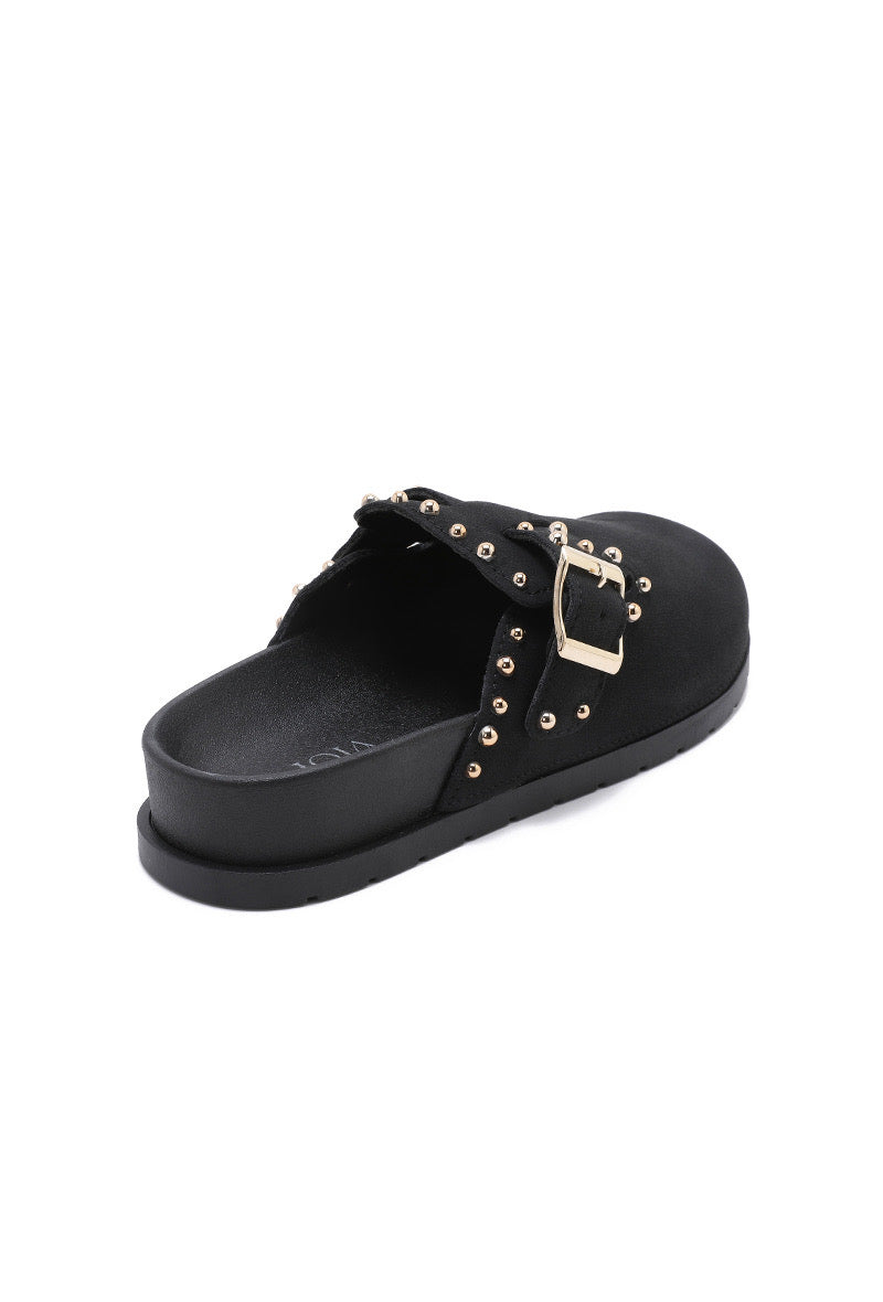 Black Studded Faux Suede Clogs