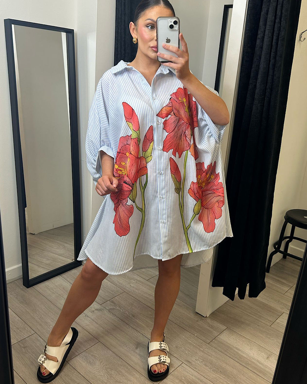 Oversized Blue Stripe Floral Print Shirt Dress