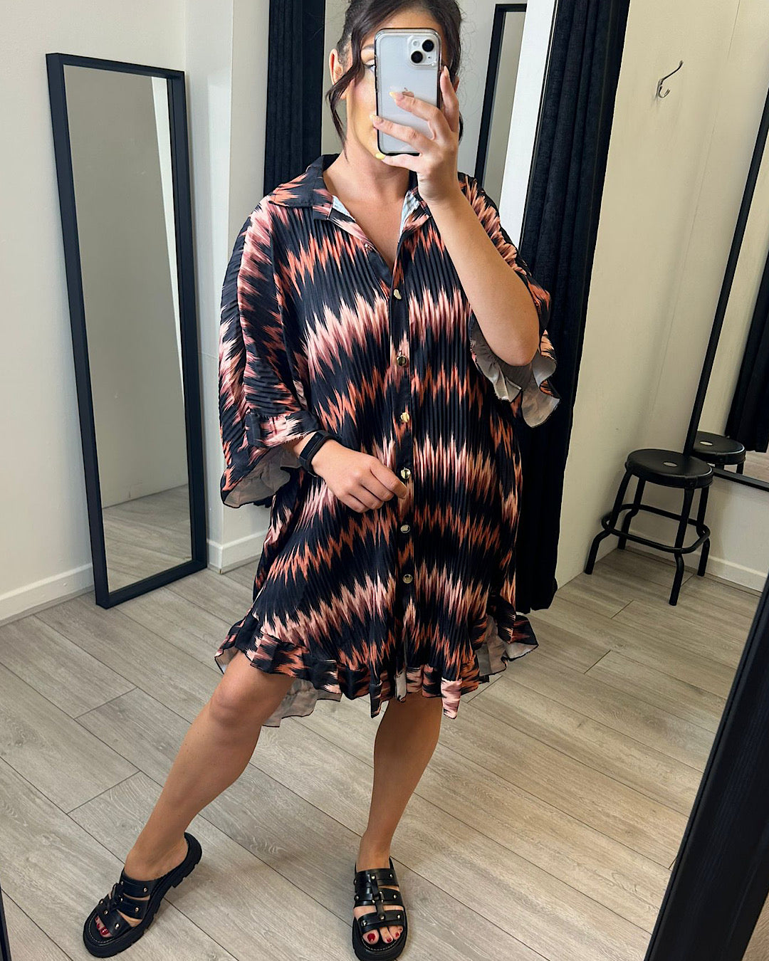 Zig Zag Print Frill Hem Shirt Dress