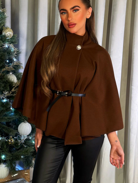 Chocolate Belted Cape Poncho