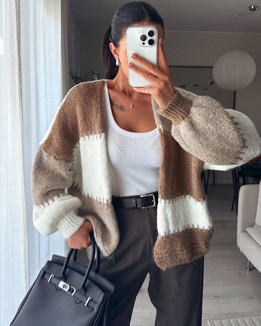 Beige and Chocolate Colour Block Cardigan