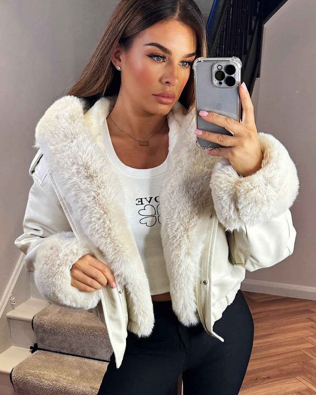 Cream Faux Leather/Fur Coat