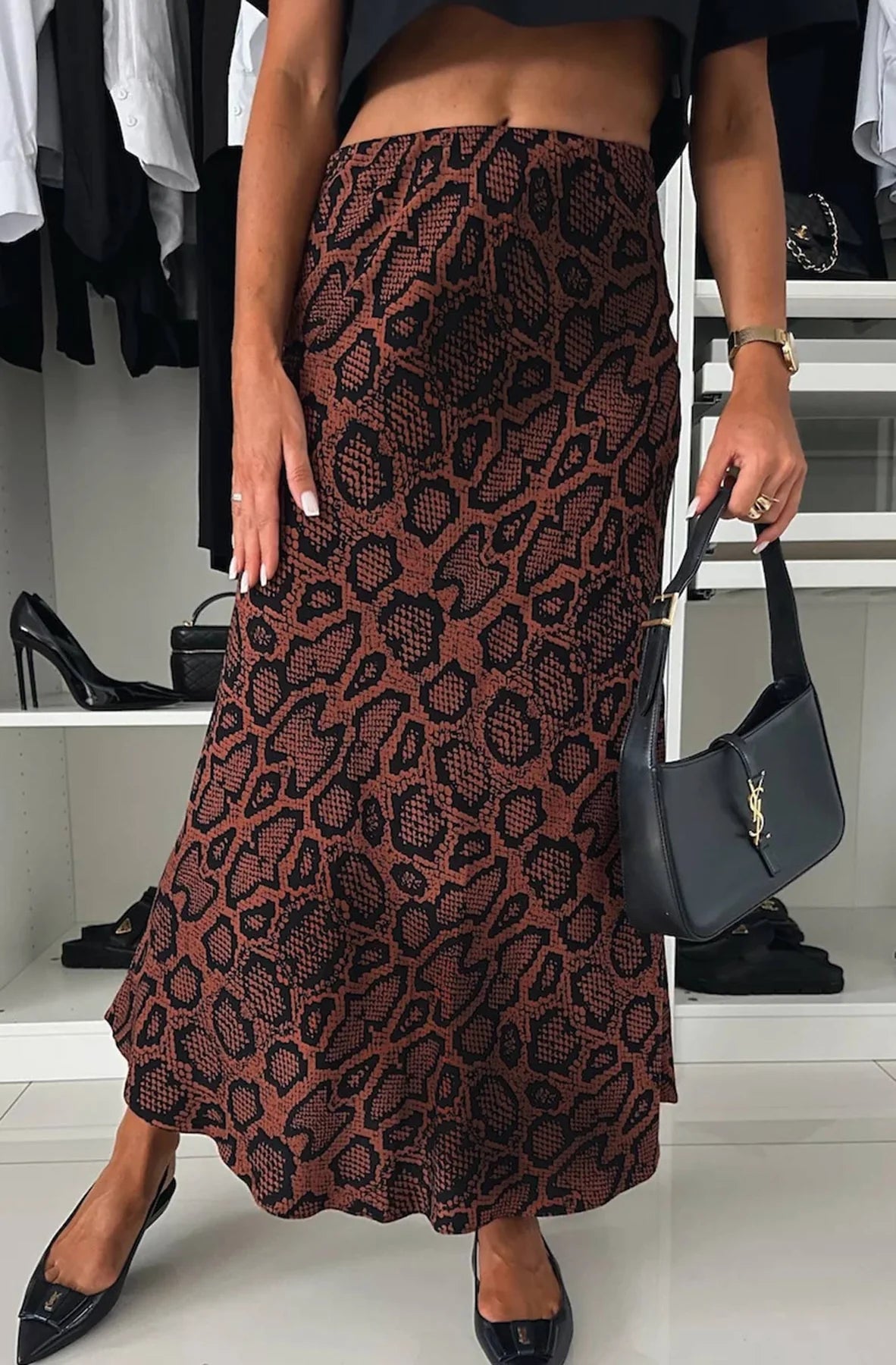 Snake Print Satin Maxi Skirt