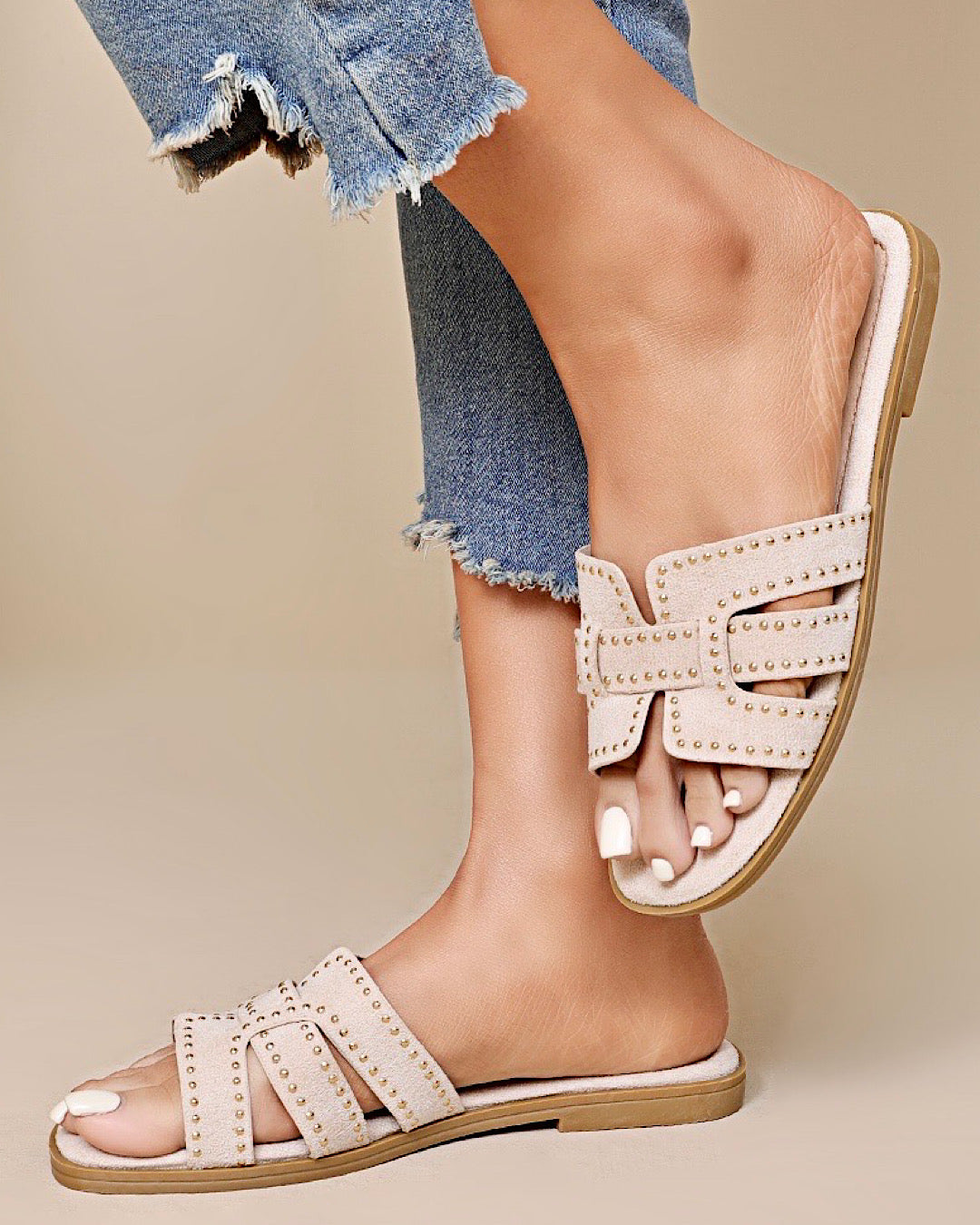 Beige Caged Flat Slider Sandals