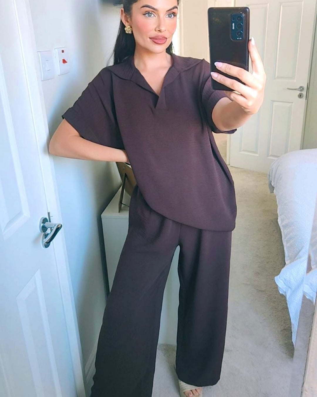 Brown Collared Top and Trousers Co Ord Suit