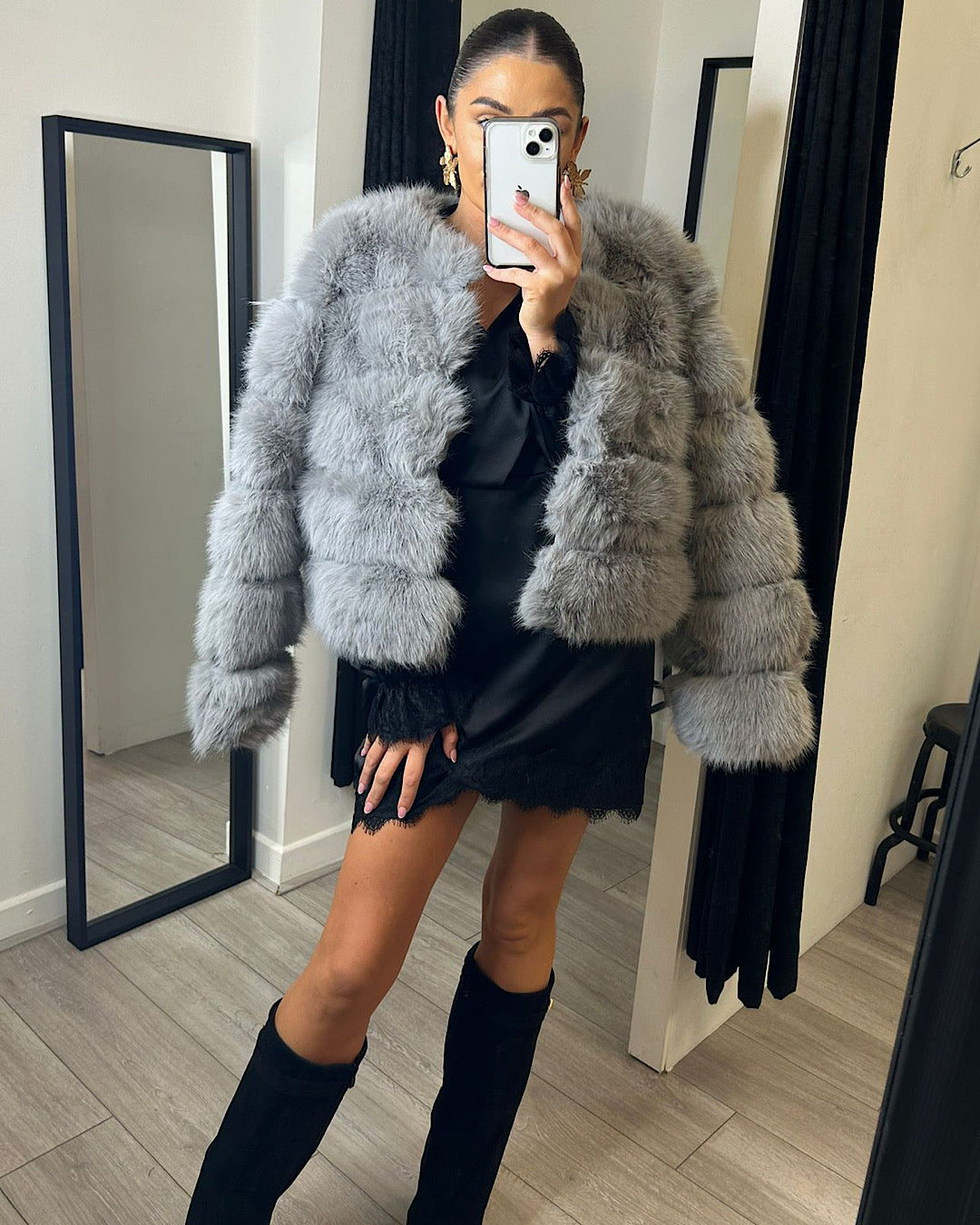Grey Faux Fur Bubble Jacket