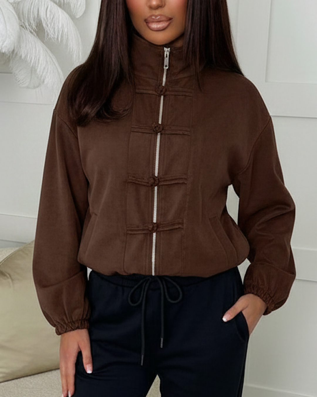 Brown High Neck Zip Jacket