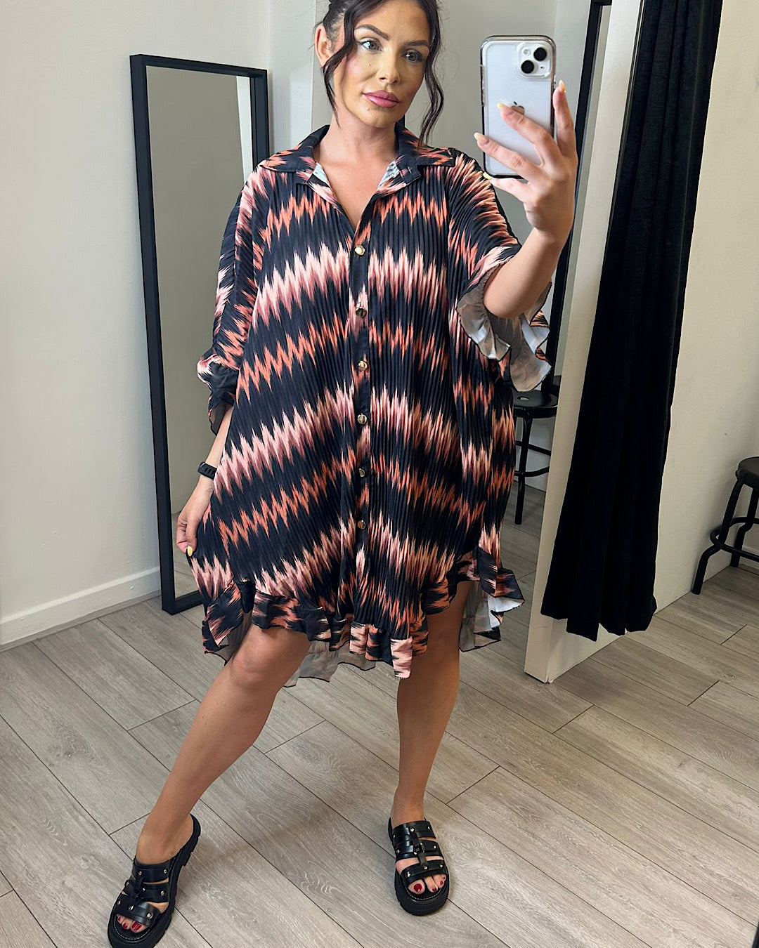 Zig Zag Print Frill Hem Shirt Dress