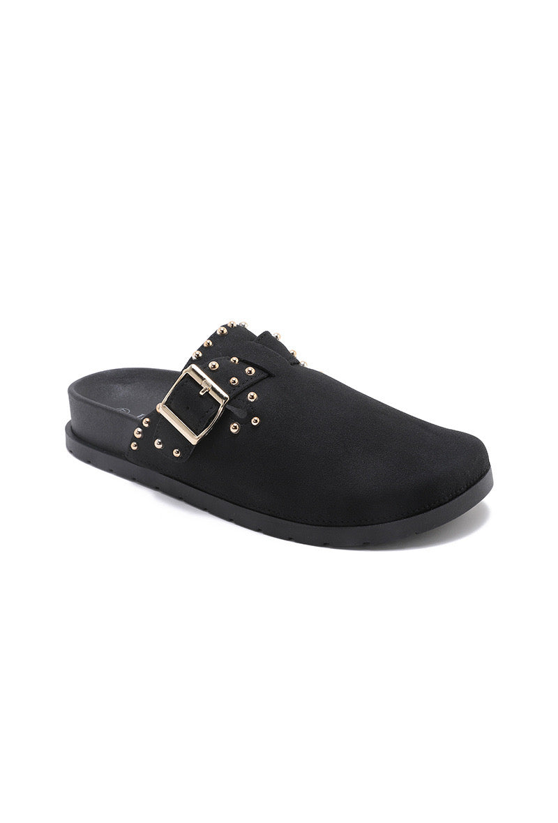 Black Studded Faux Suede Clogs