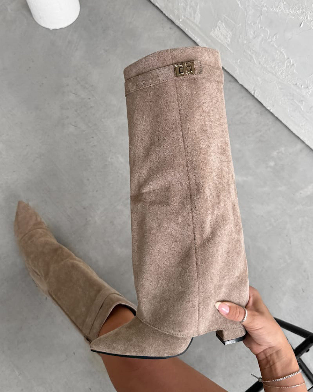 Beige Faux Suede Buckle Knee Boots