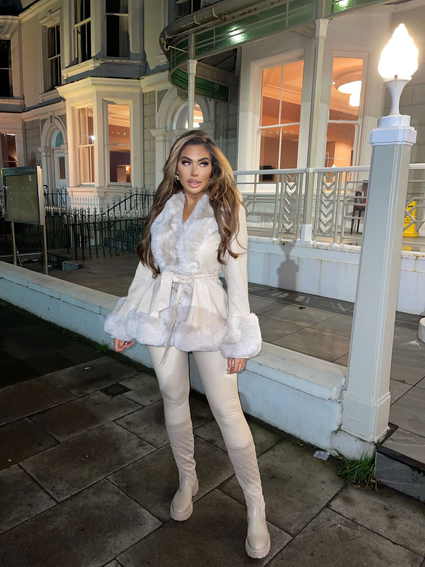 Beige Belted Faux Leather/Fur Jacket