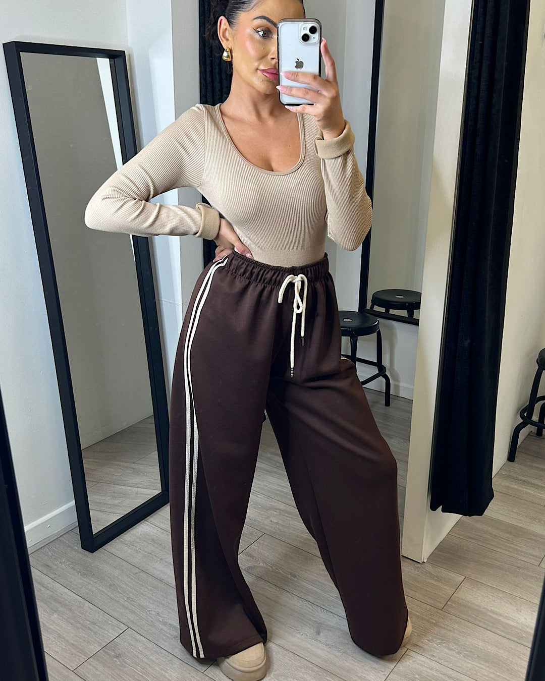 Chocolate Joggers with White Side Stripes