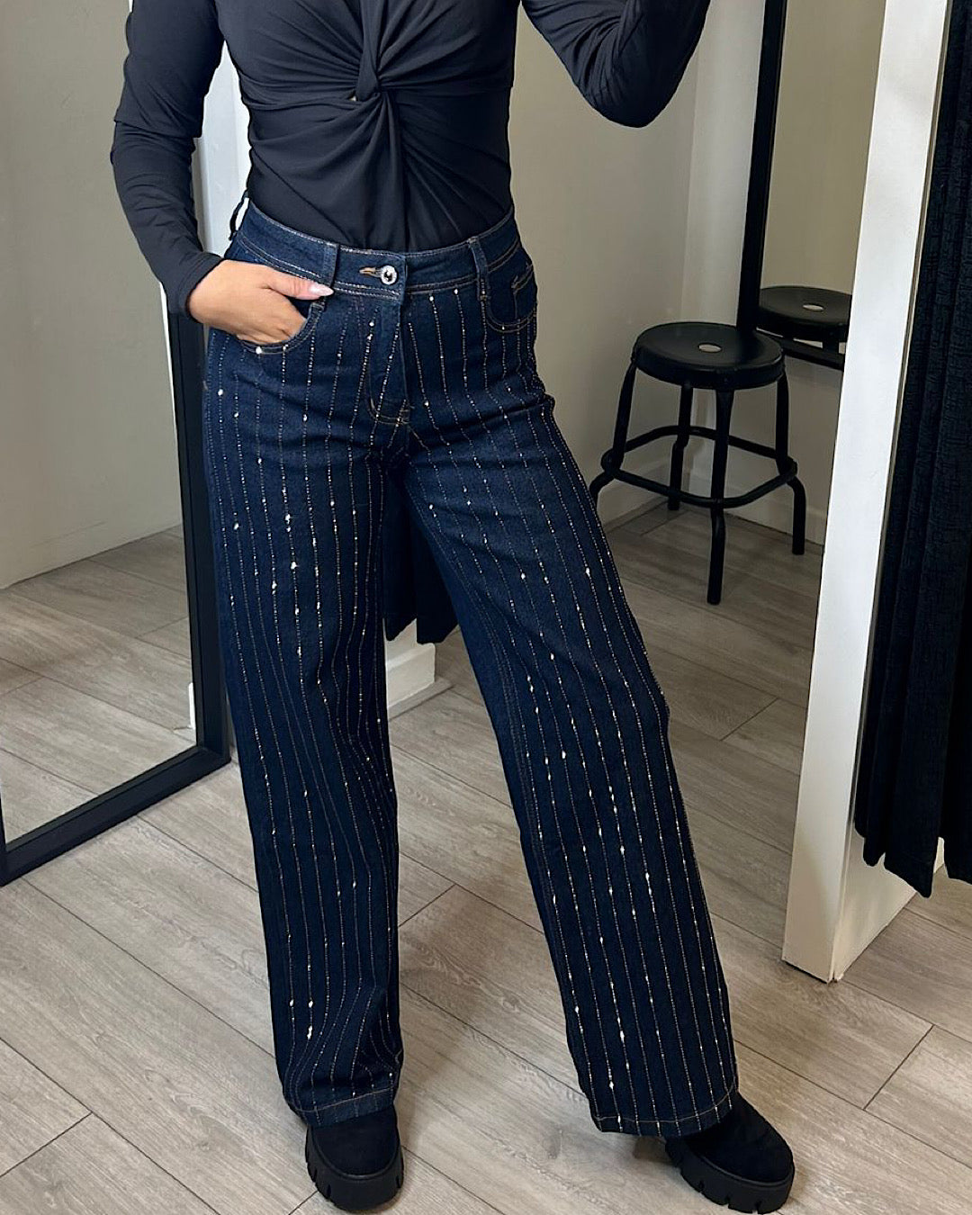 Straight Leg Blue Diamond Embellished Jeans