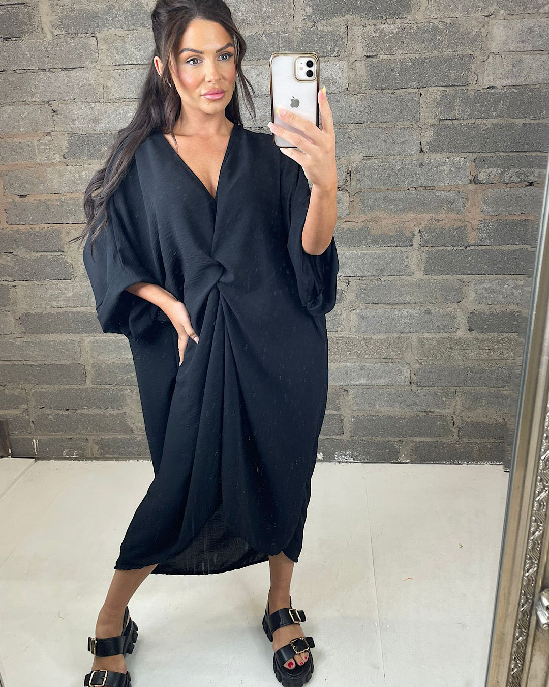 Black Oversized V Neck Knot Dress