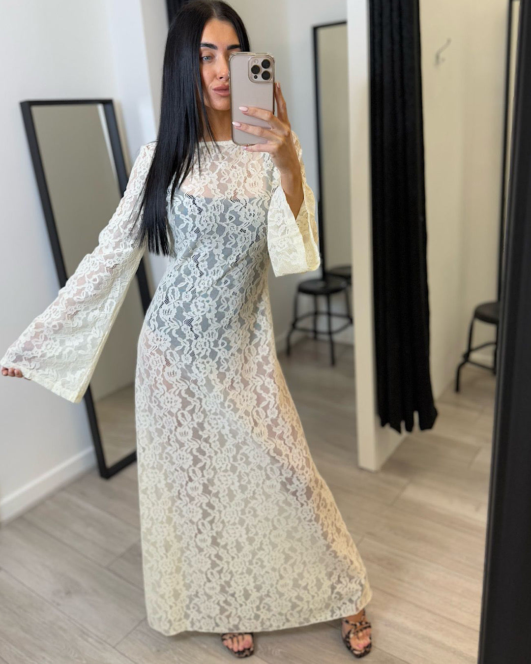 Cream Backless Lace Maxi Dress