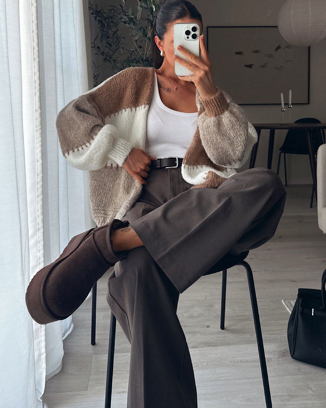 Beige and Chocolate Colour Block Cardigan