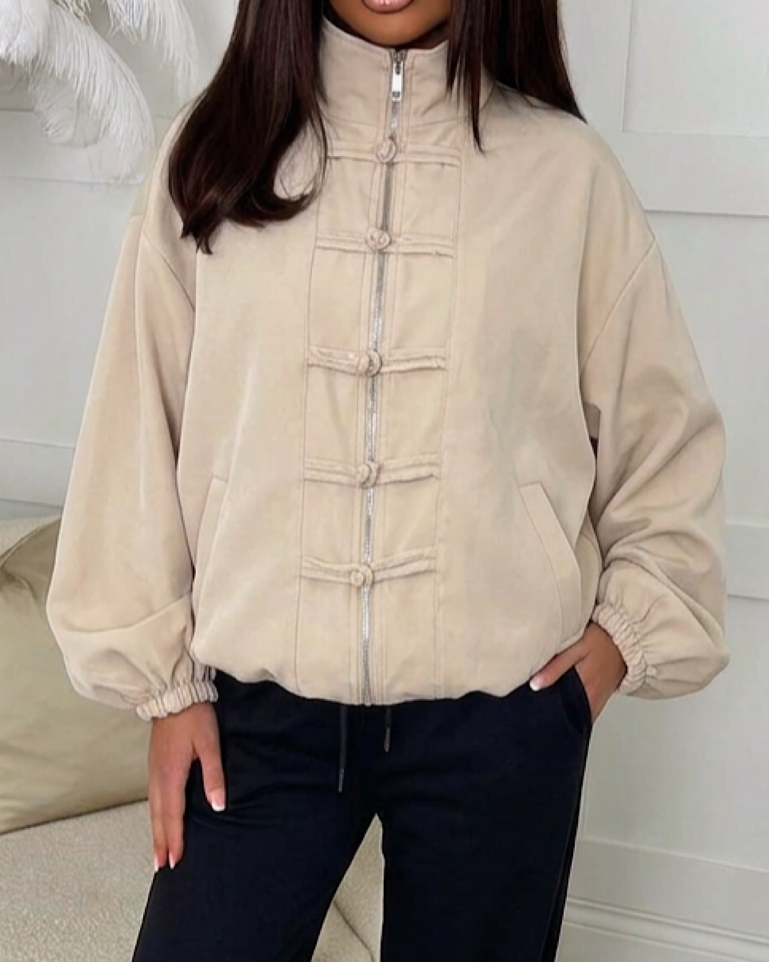 Beige High Neck Zip Jacket