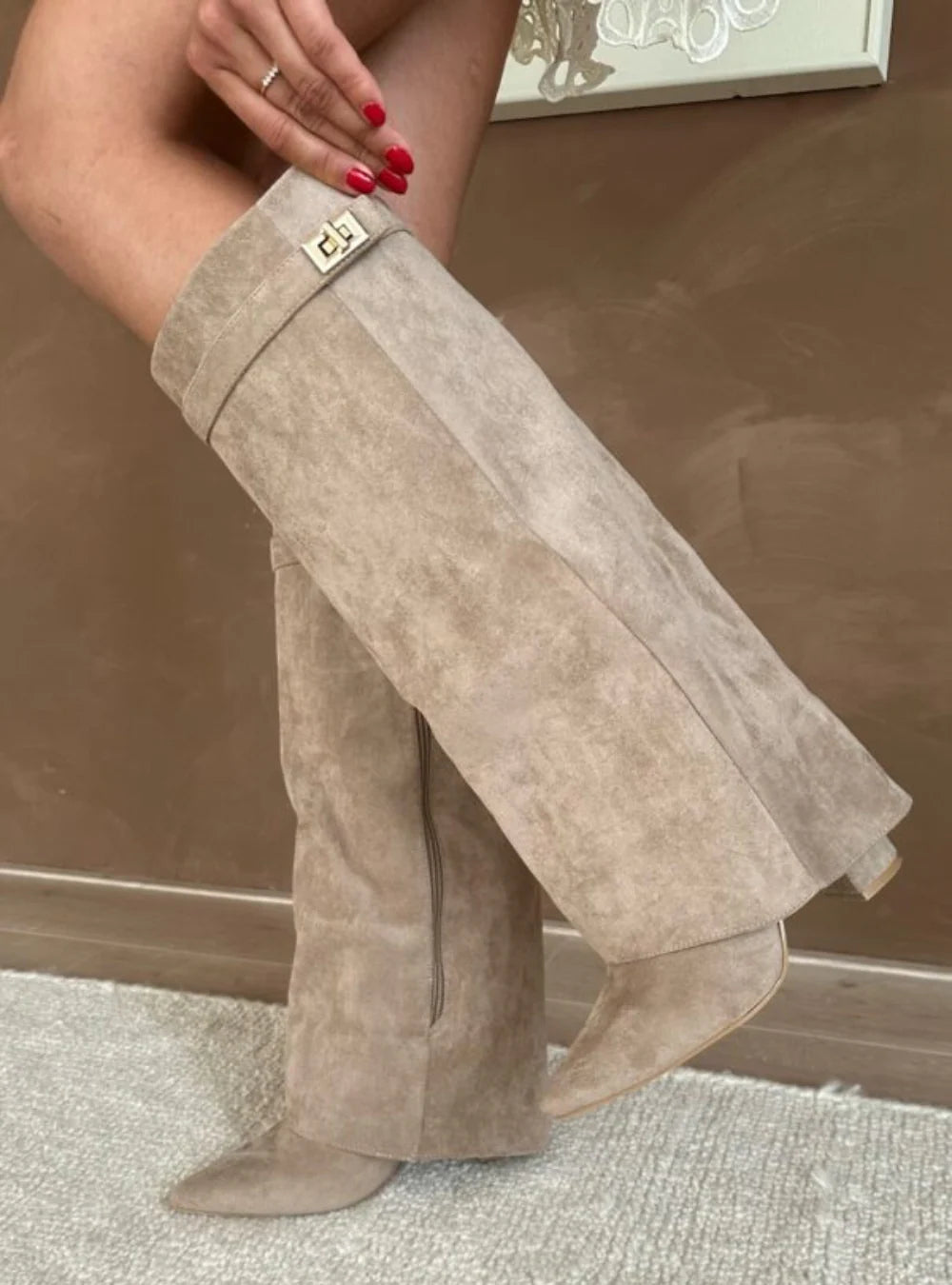 Beige Faux Suede Buckle Knee Boots