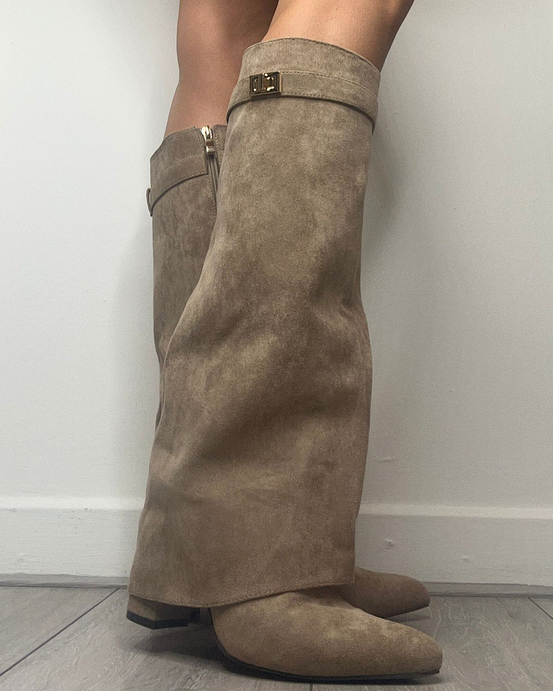 Beige Faux Suede Buckle Knee Boots