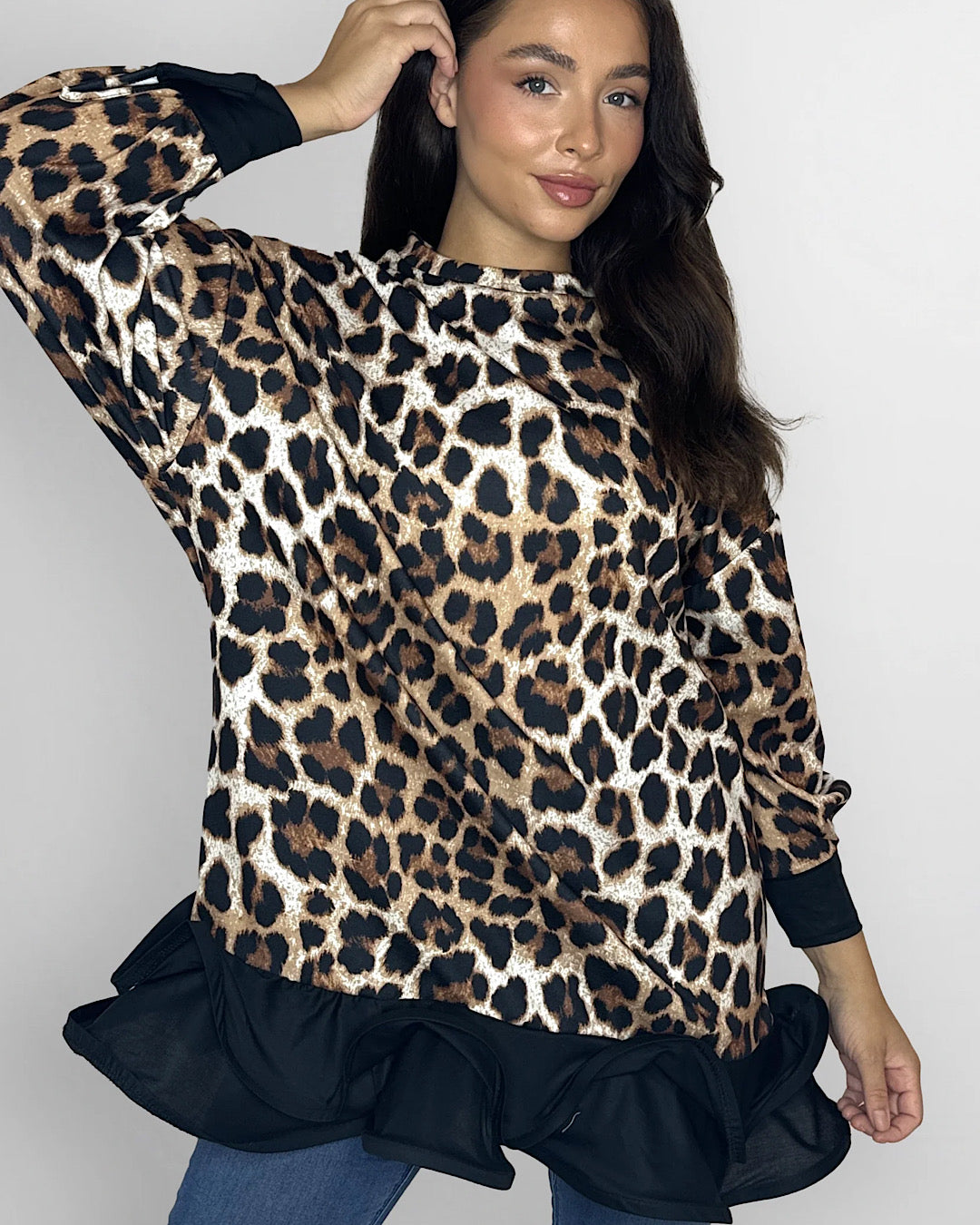 Black Frill Hem Leopard Print Sweatshirt Dress
