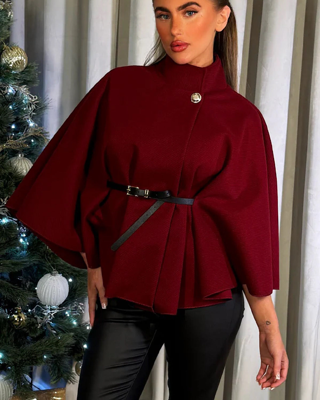 Wine Belted Cape Poncho