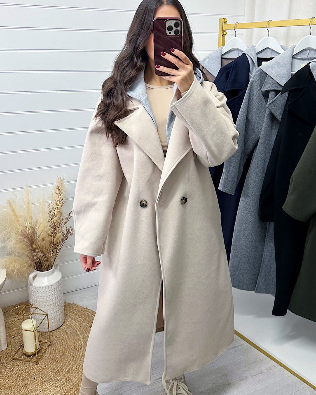 Beige Hooded Wool Coat