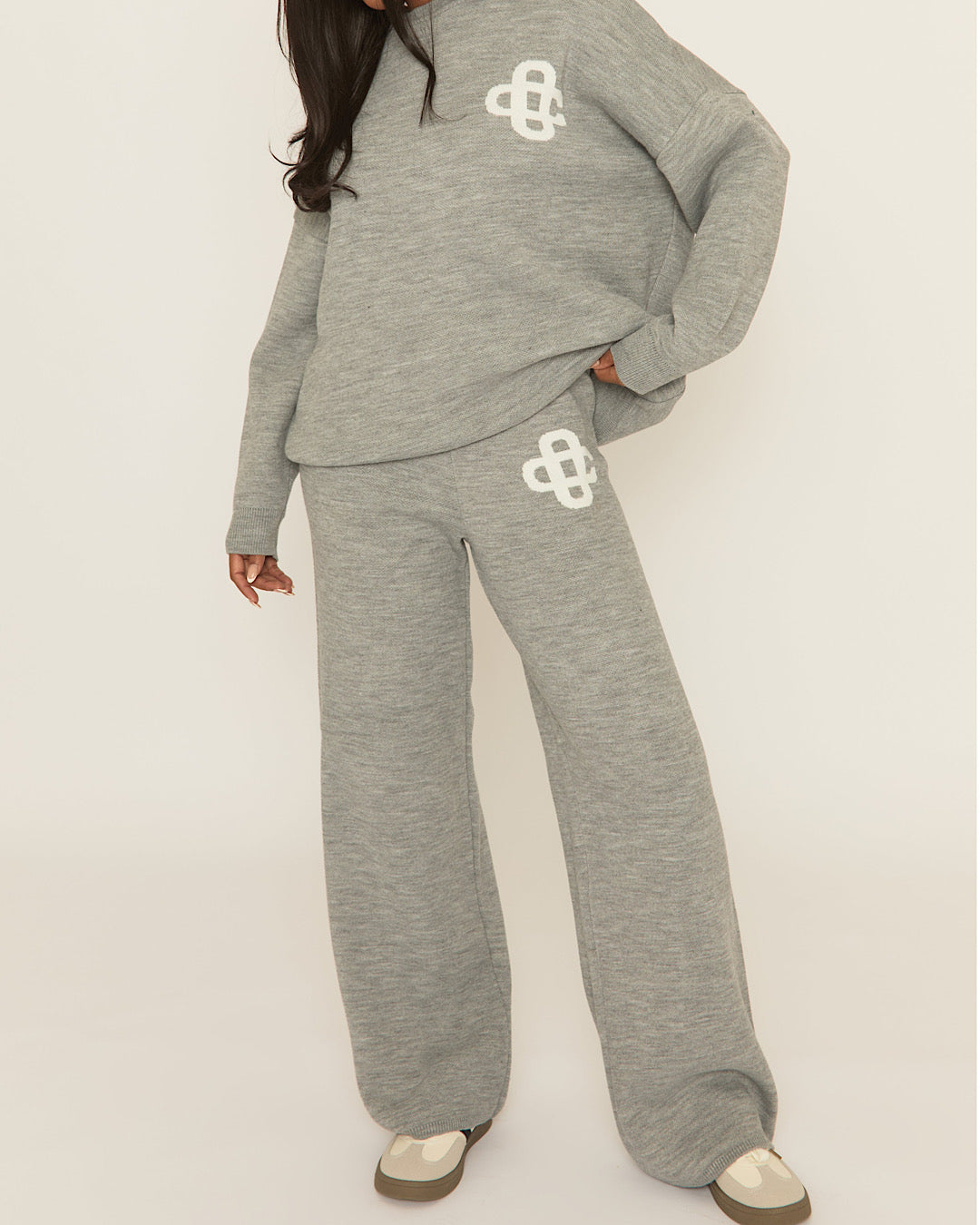 Grey Contrast Motif Knit Suit