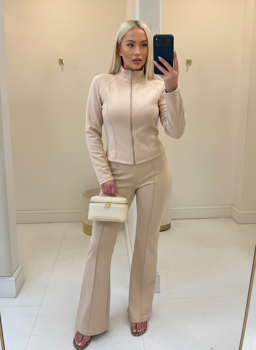Beige Panelled Zip Jacket & Trousers Set