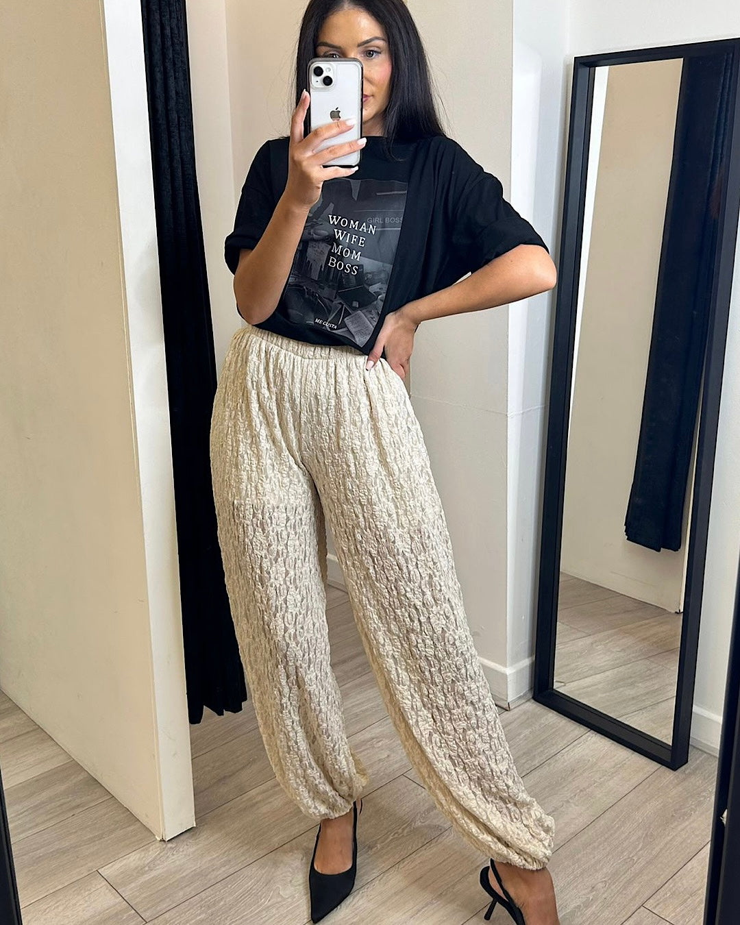 Beige Lace Jogger Trousers