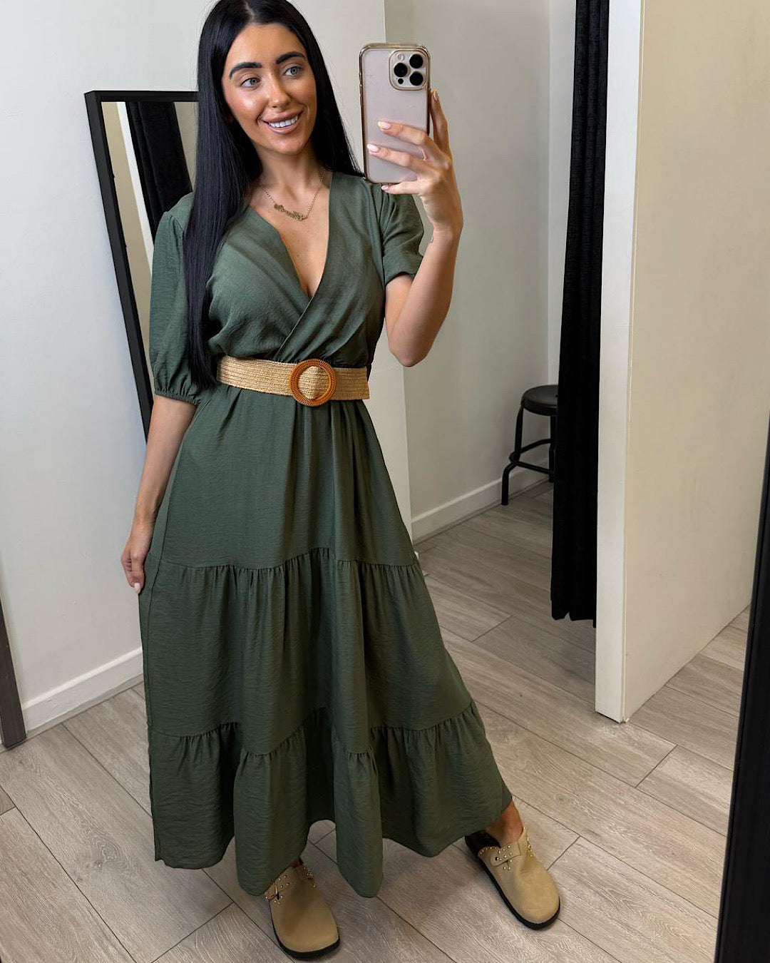 Khaki Belted Short Sleeve Maxi Dress