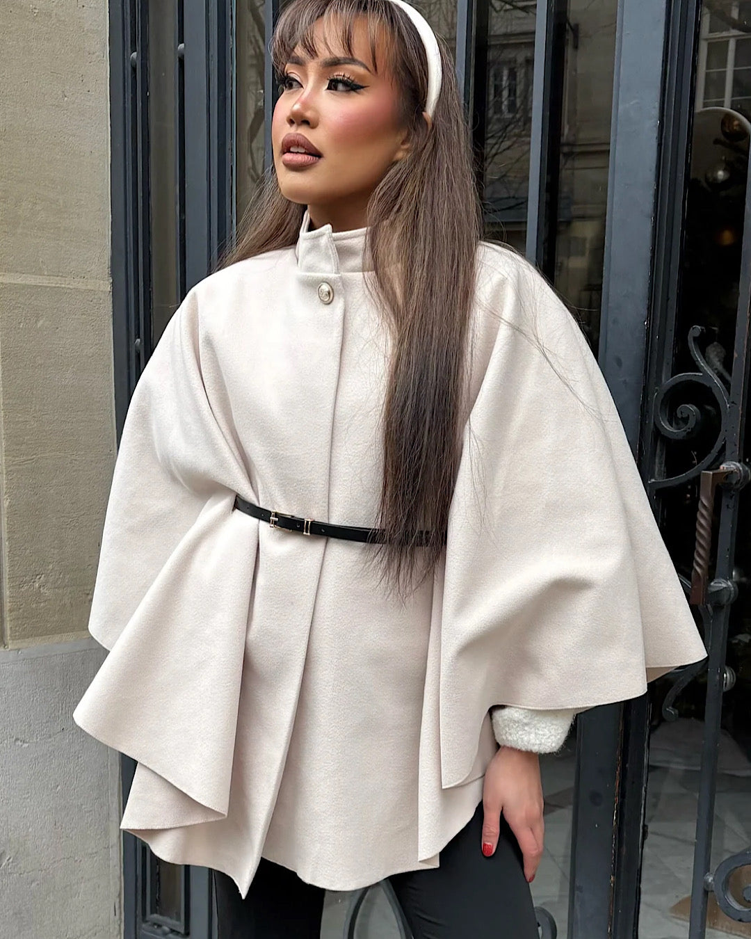 Beige Belted Cape Poncho