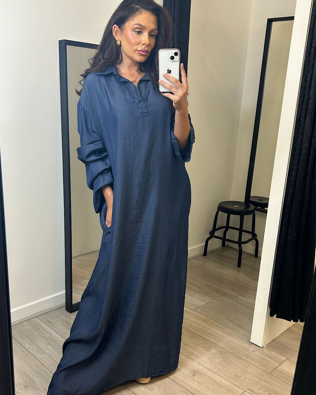 Collared Denim Oversized Maxi Dress