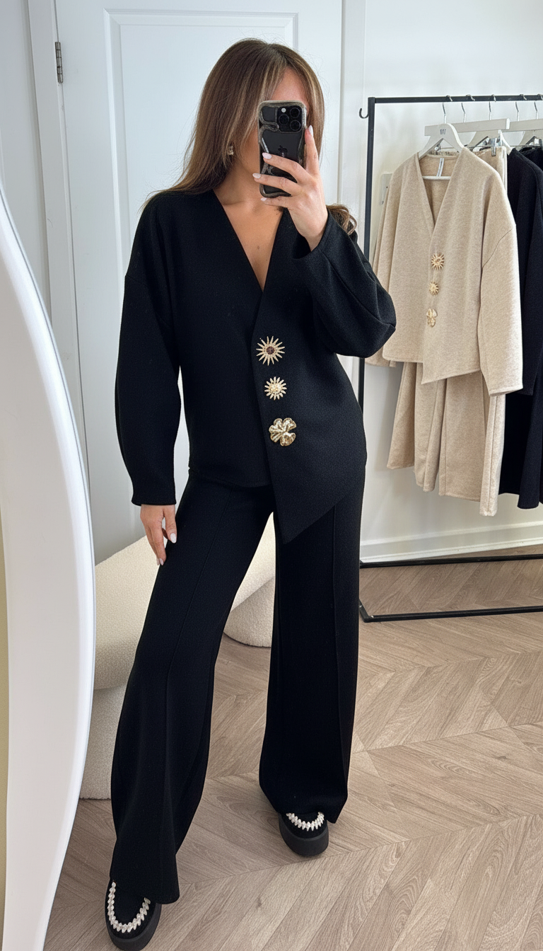 Black Knit Suit with Gold Buttons
