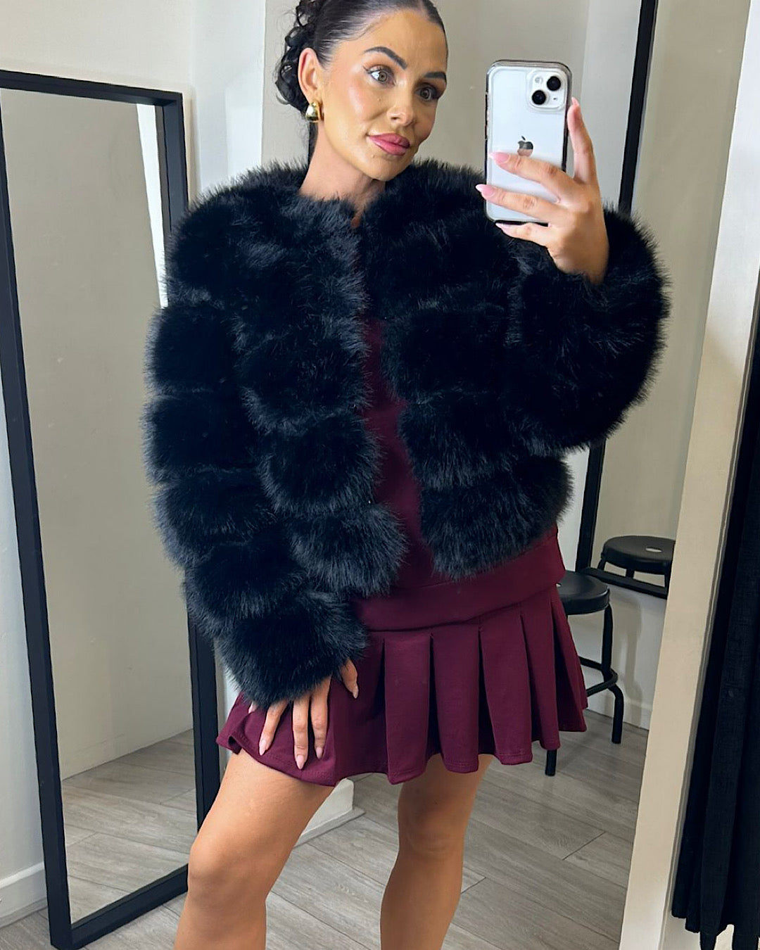 Black Faux Fur Bubble Jacket