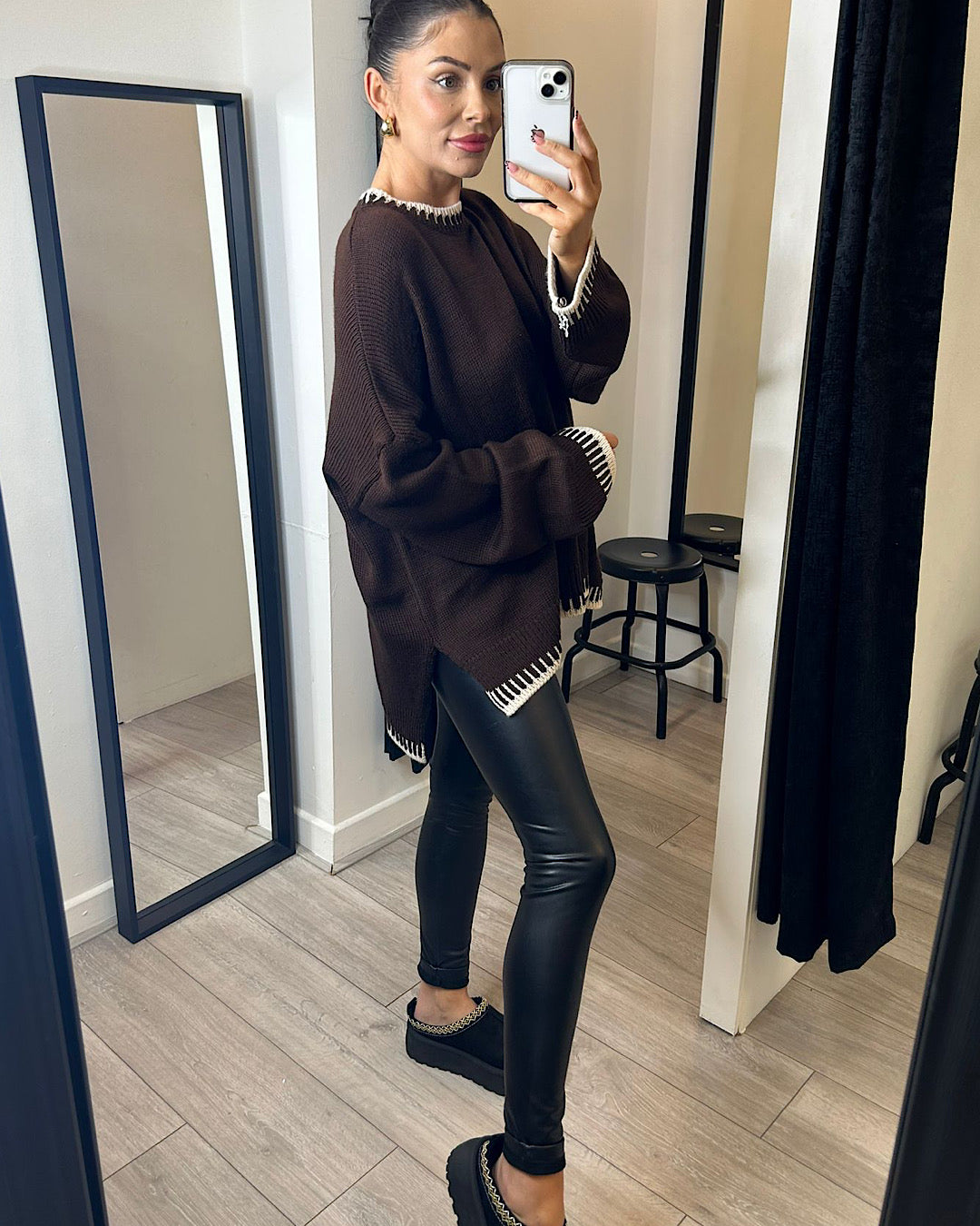 Chocolate Knit Top with Cream Stitch