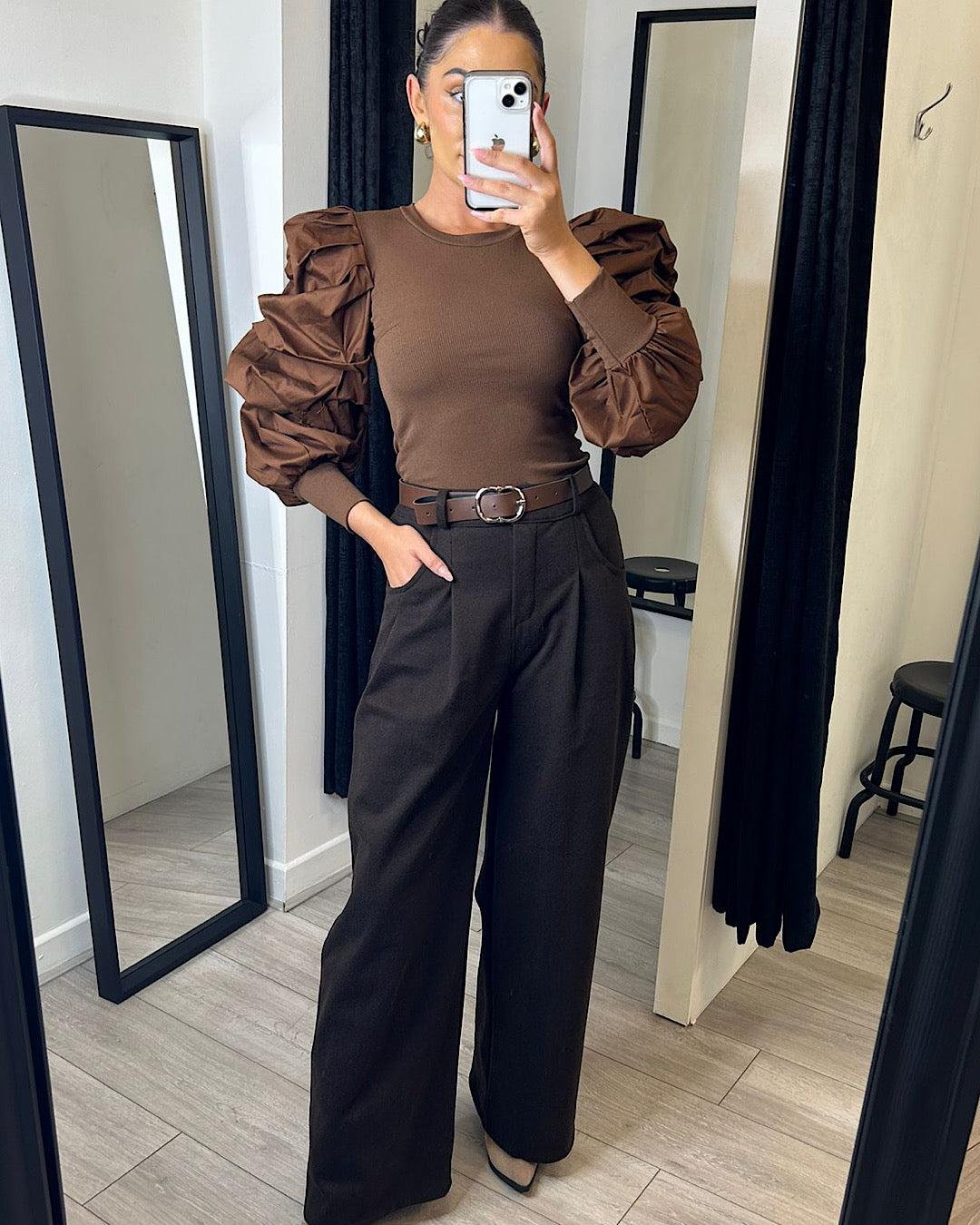 Brown Puff Sleeve Top