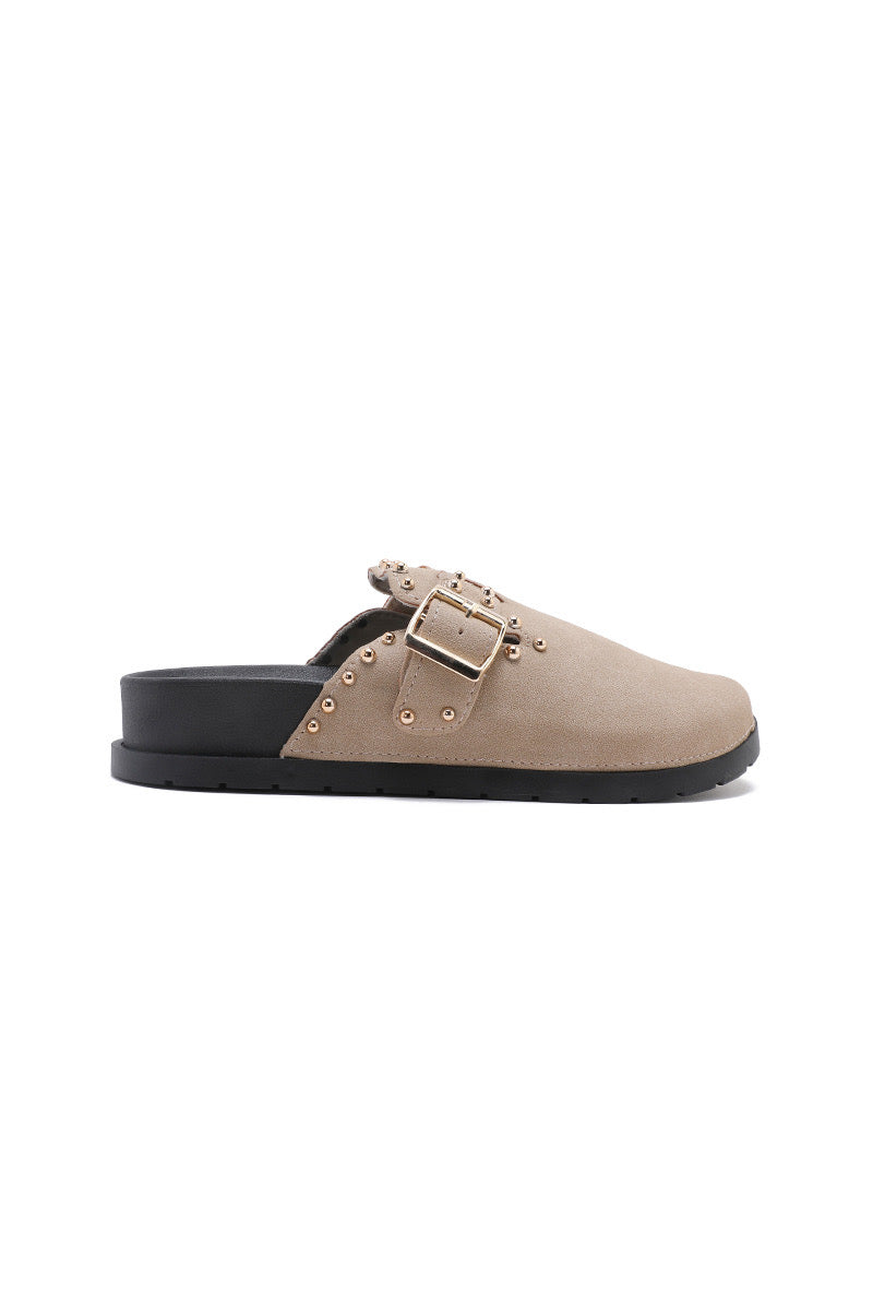 Beige Studded Faux Suede Clogs