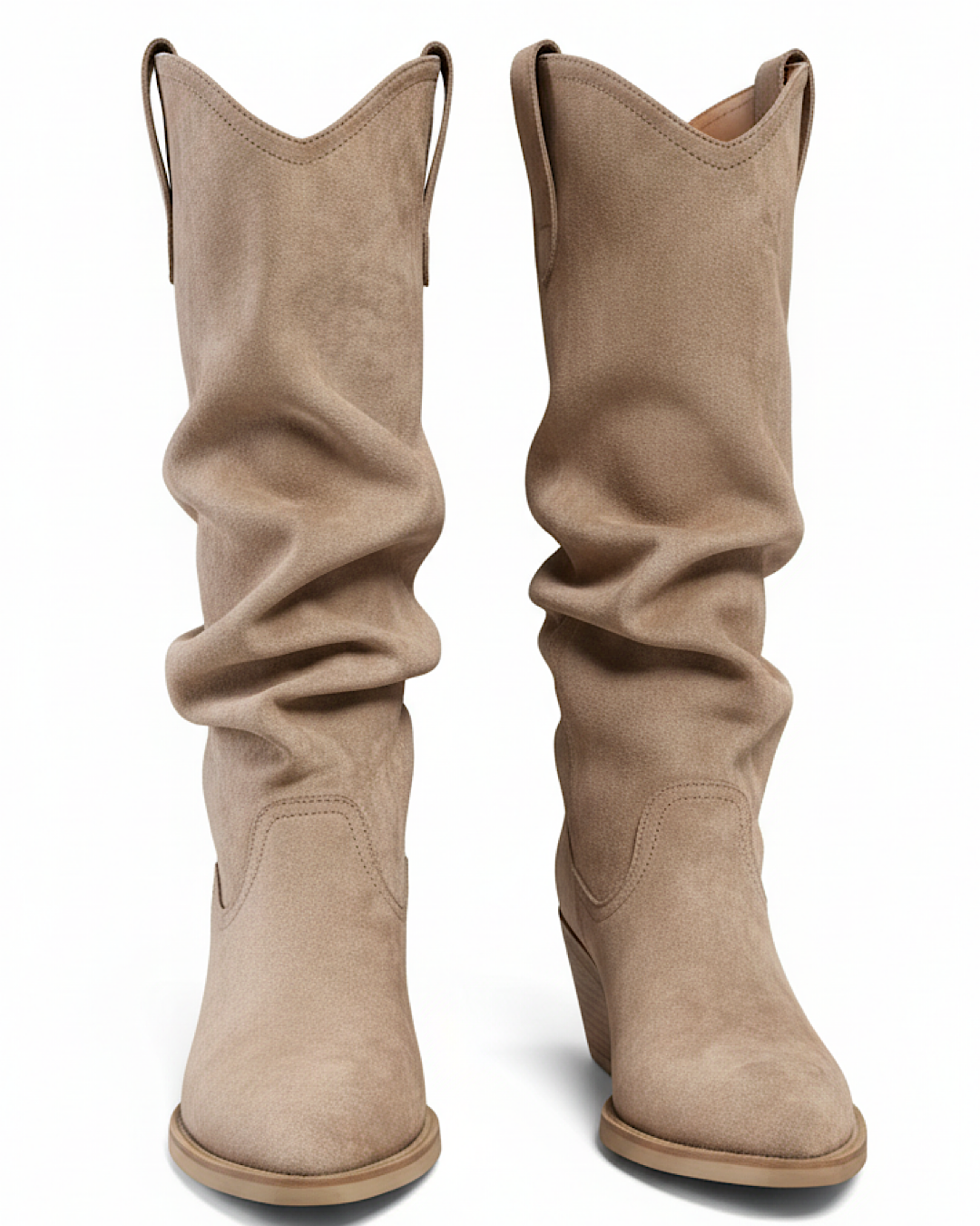Beige Faux Suede Slouchy Cowboy Boots