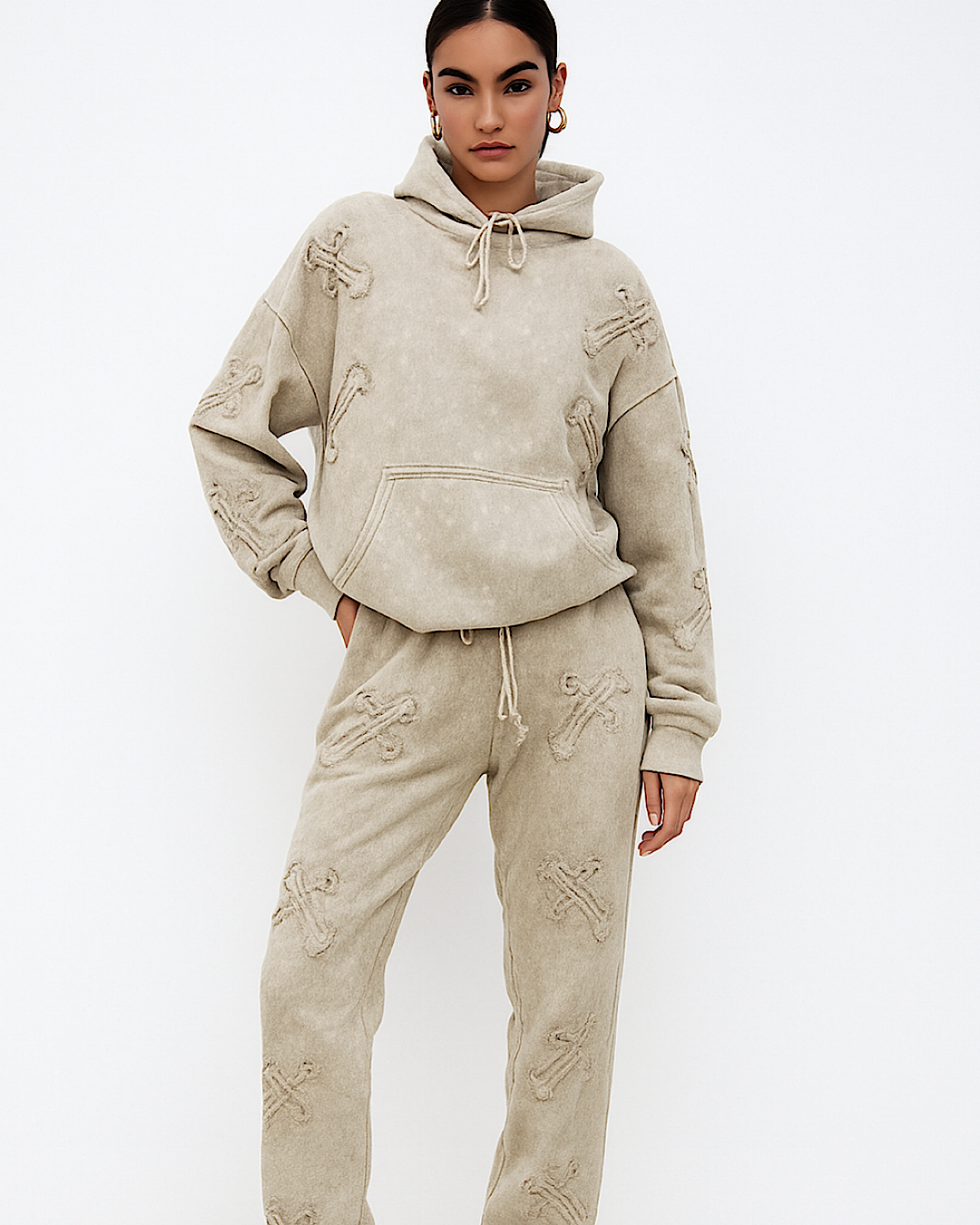 Hooded Beige Acid Wash Cross Suit