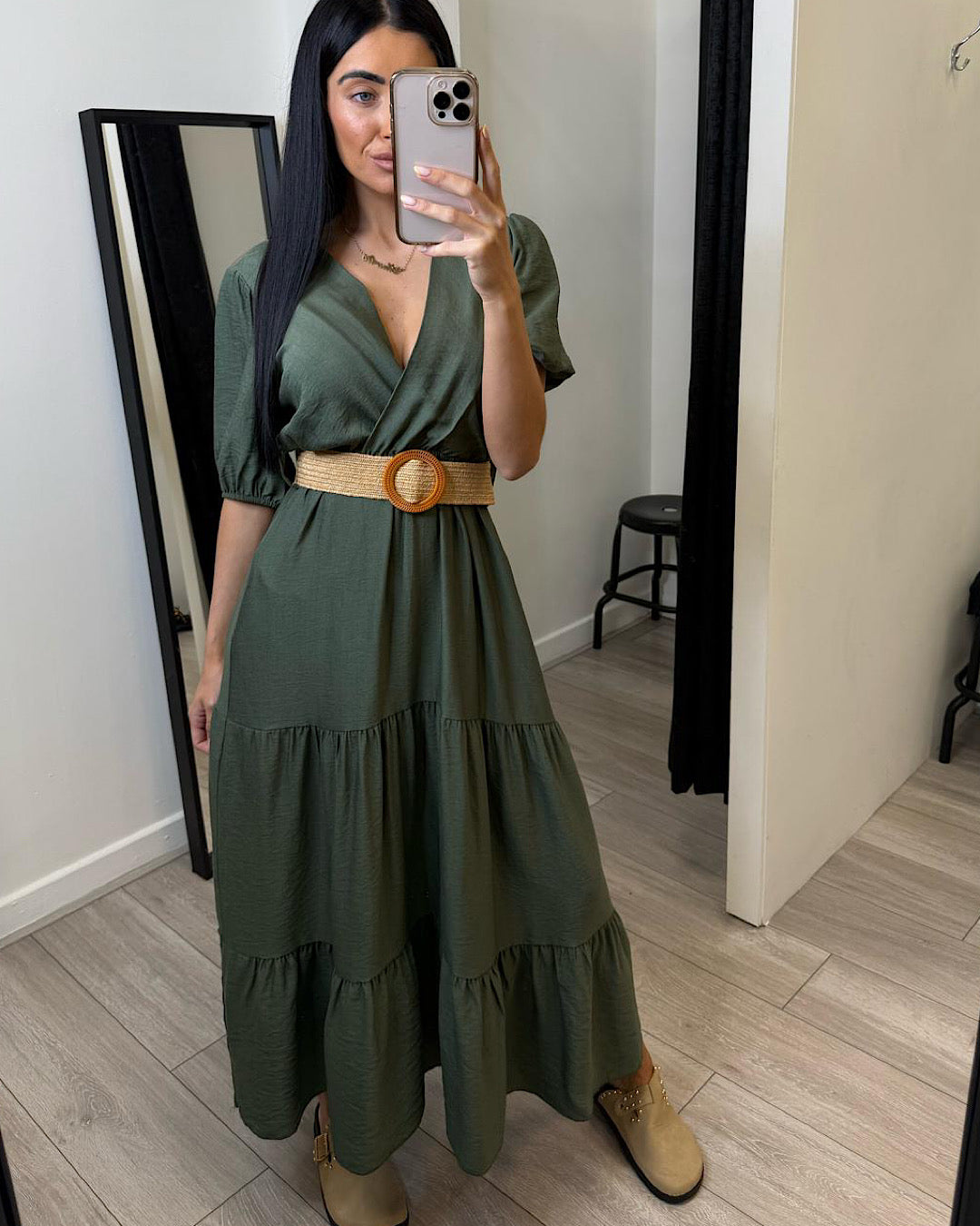 Khaki Belted Short Sleeve Maxi Dress