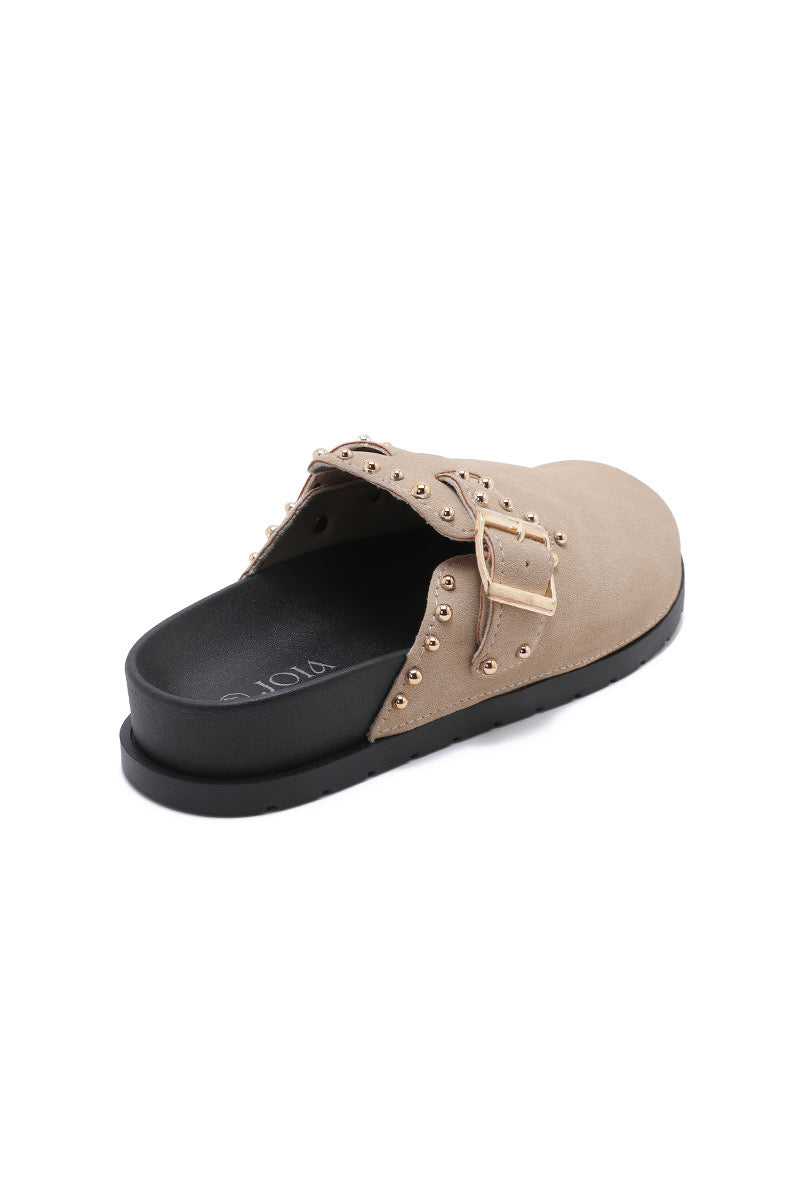 Beige Studded Faux Suede Clogs