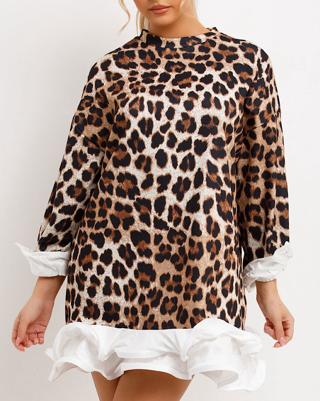 White Frill Hem Leopard Print Sweatshirt Dress