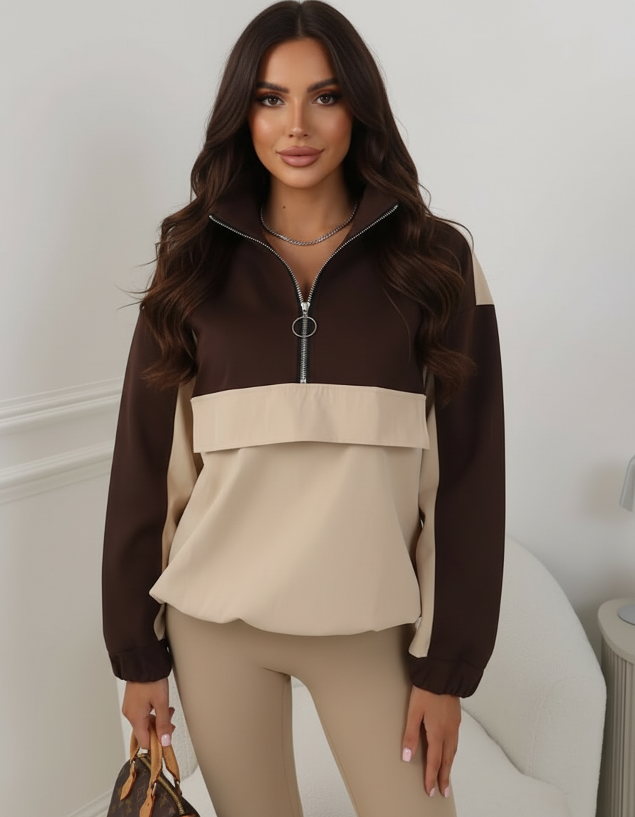Brown Funnel Neck Half Zip Jacket