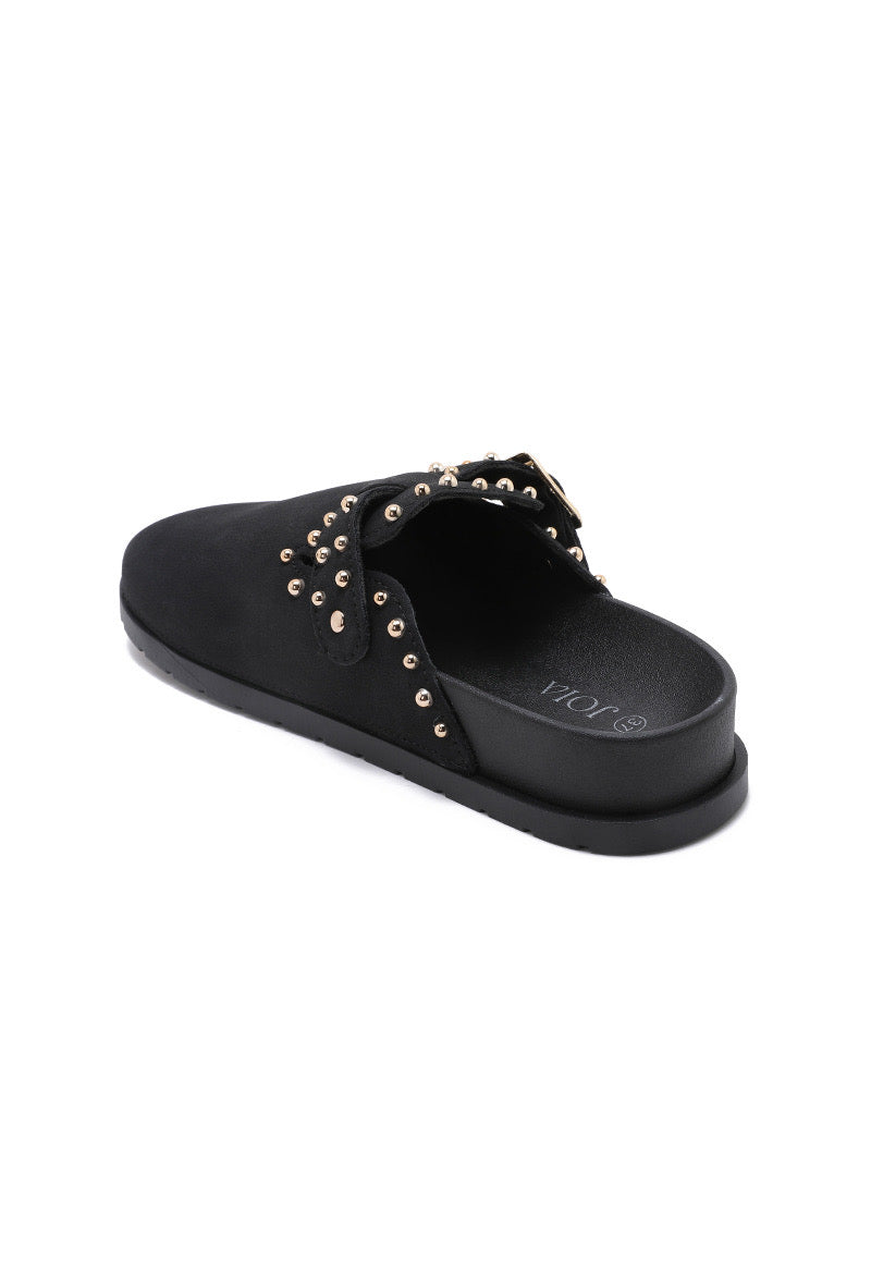 Black Studded Faux Suede Clogs