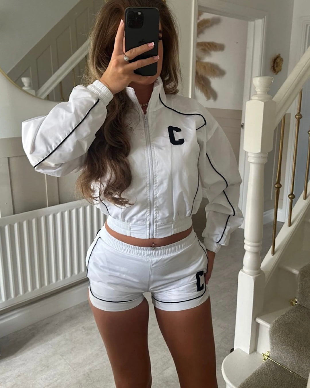 White Black Zip Jacket & Shorts Suit