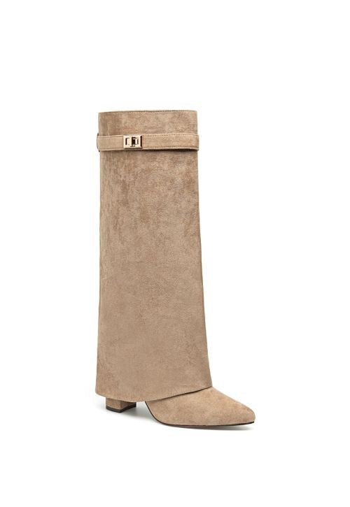 Beige Faux Suede Buckle Knee Boots