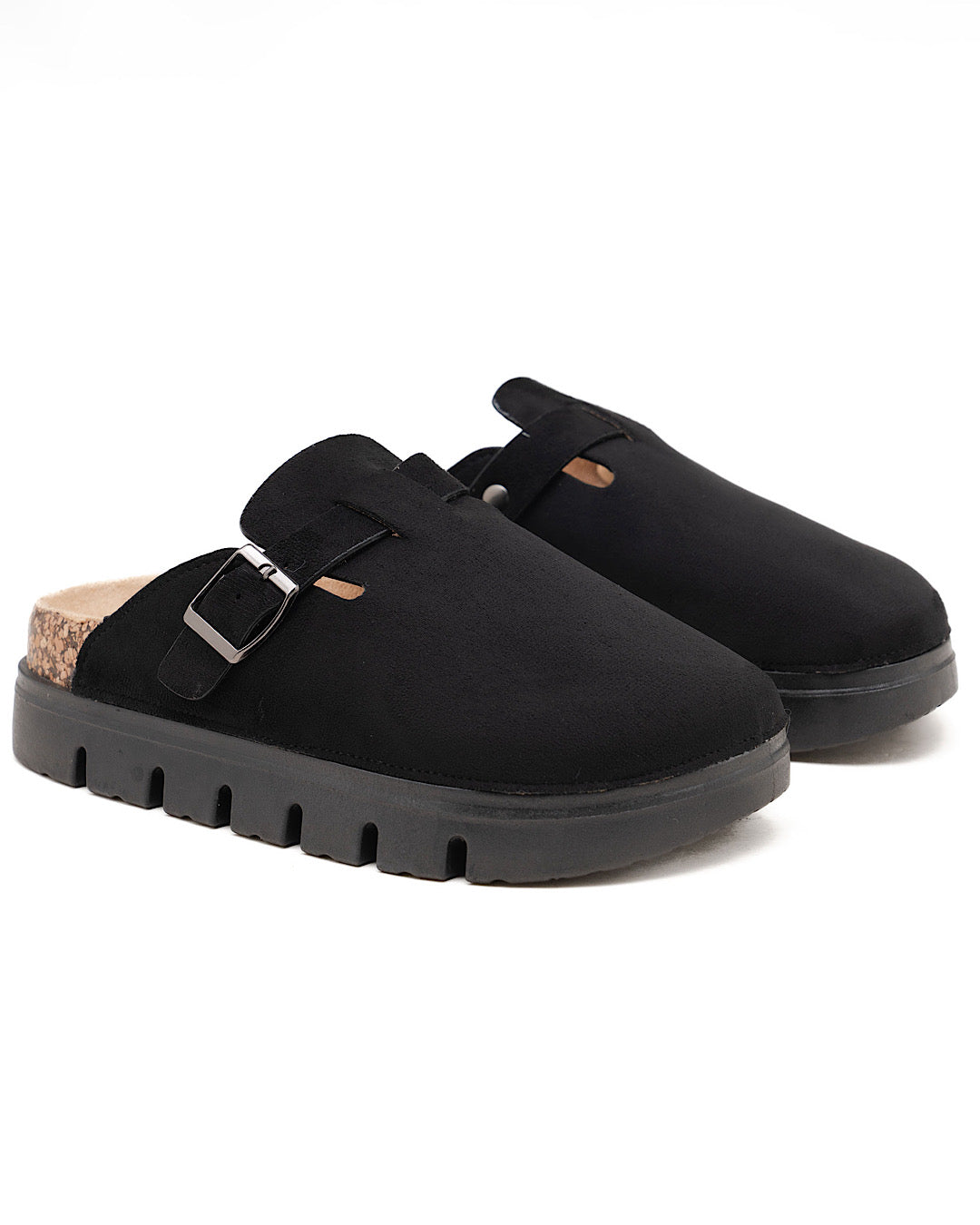 Black Faux Suede Chunky Clogs