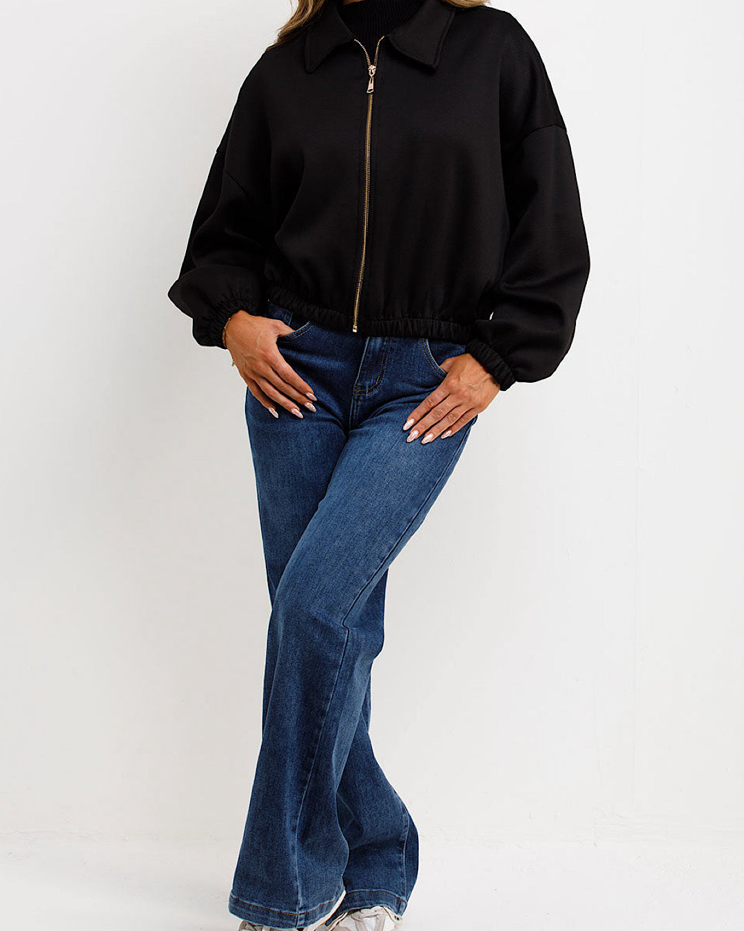 Black Ruched Bomber Jacket with Zip